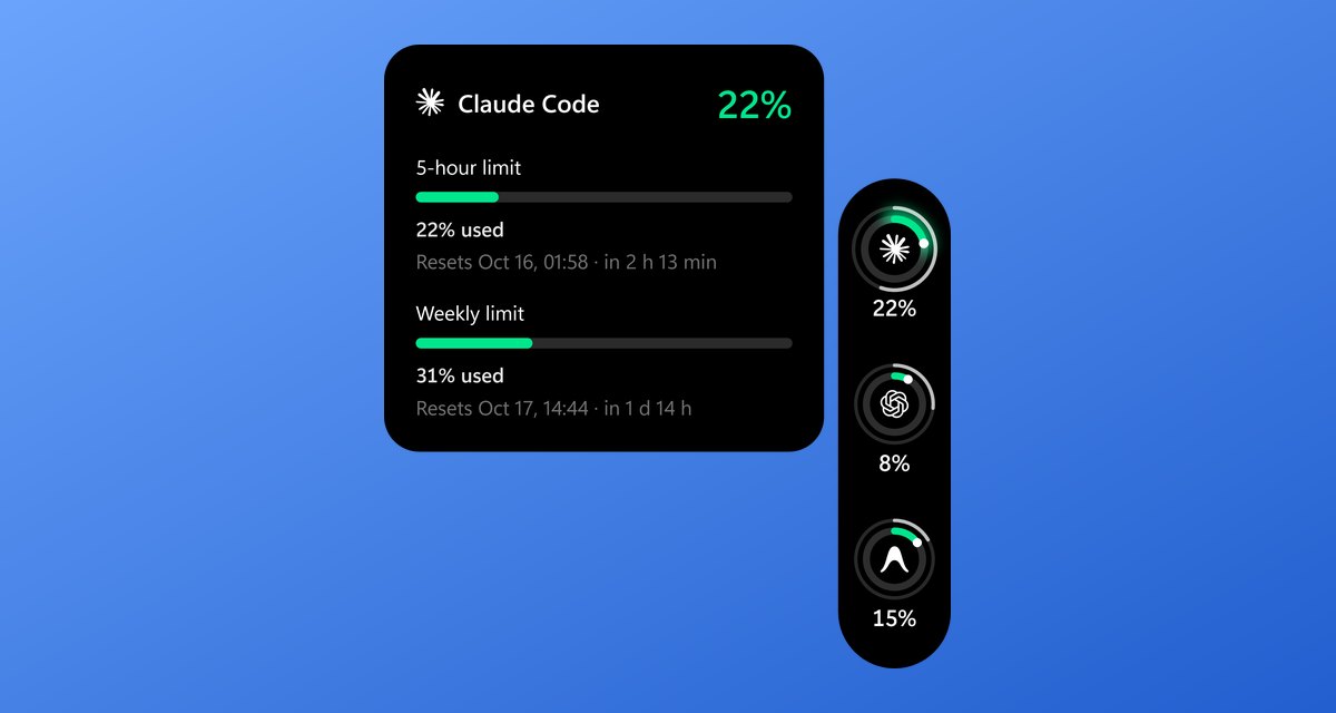 OrbMet - usage rings for Claude Code, Codex and Antigravity next to a Claude Code limits card
